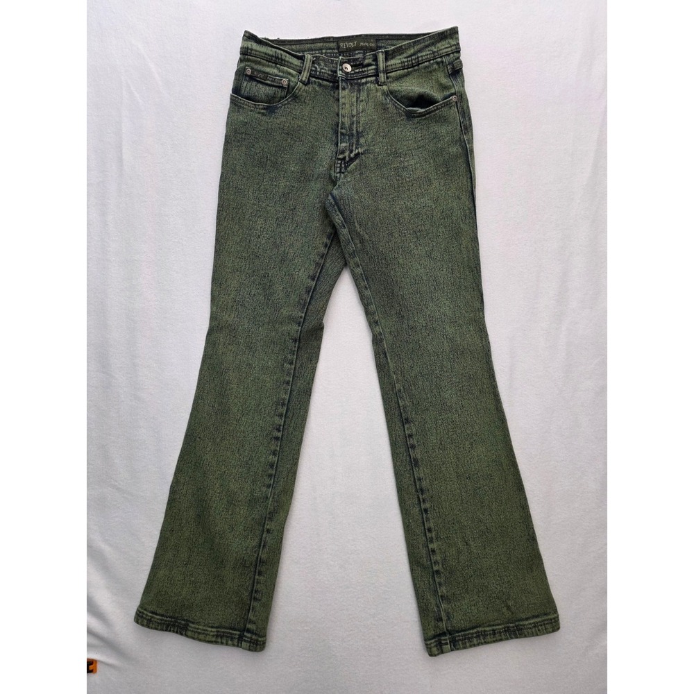 Revolt Green Acid Wash Flare Jeans 11/12 Moss Olive Denim Y2K Vintage Stretch
